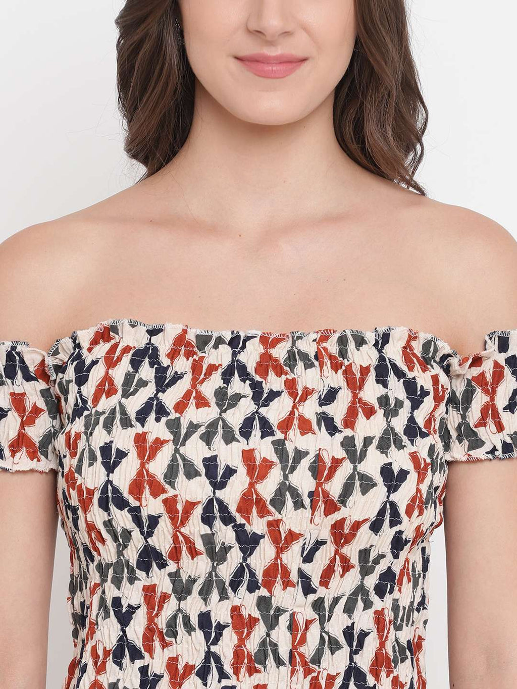 Women's Rayon Printed Off-Shoulder Smocked Crop Top Short Sleeve Casual Styles Tank Top (FREE SIZE) Multi46