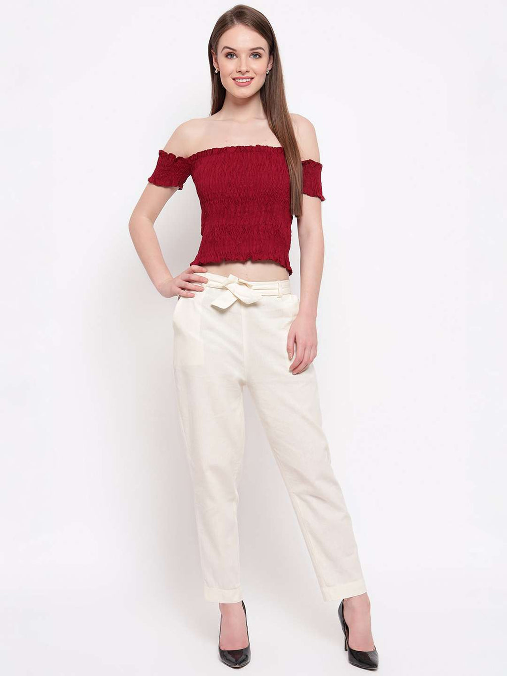 Women's Rayon Solid Off-Shoulder Smocked Crop Top Short Sleeve Casual Styles Tank Top (FREE SIZE) Multi23