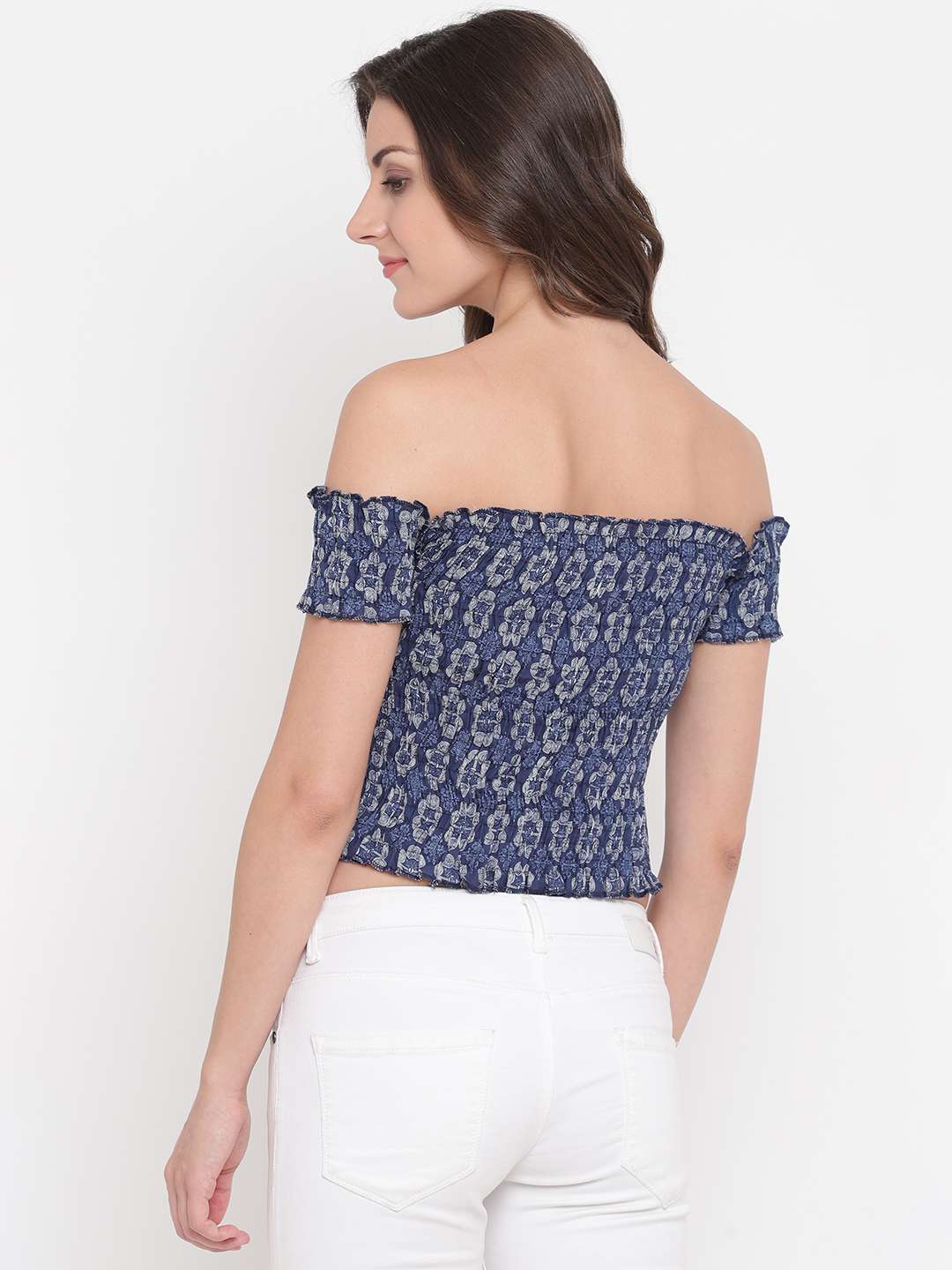 Women's Rayon Printed Off-Shoulder Smocked Crop Top Short Sleeve Casual Styles Tank Top (FREE SIZE) Multi42