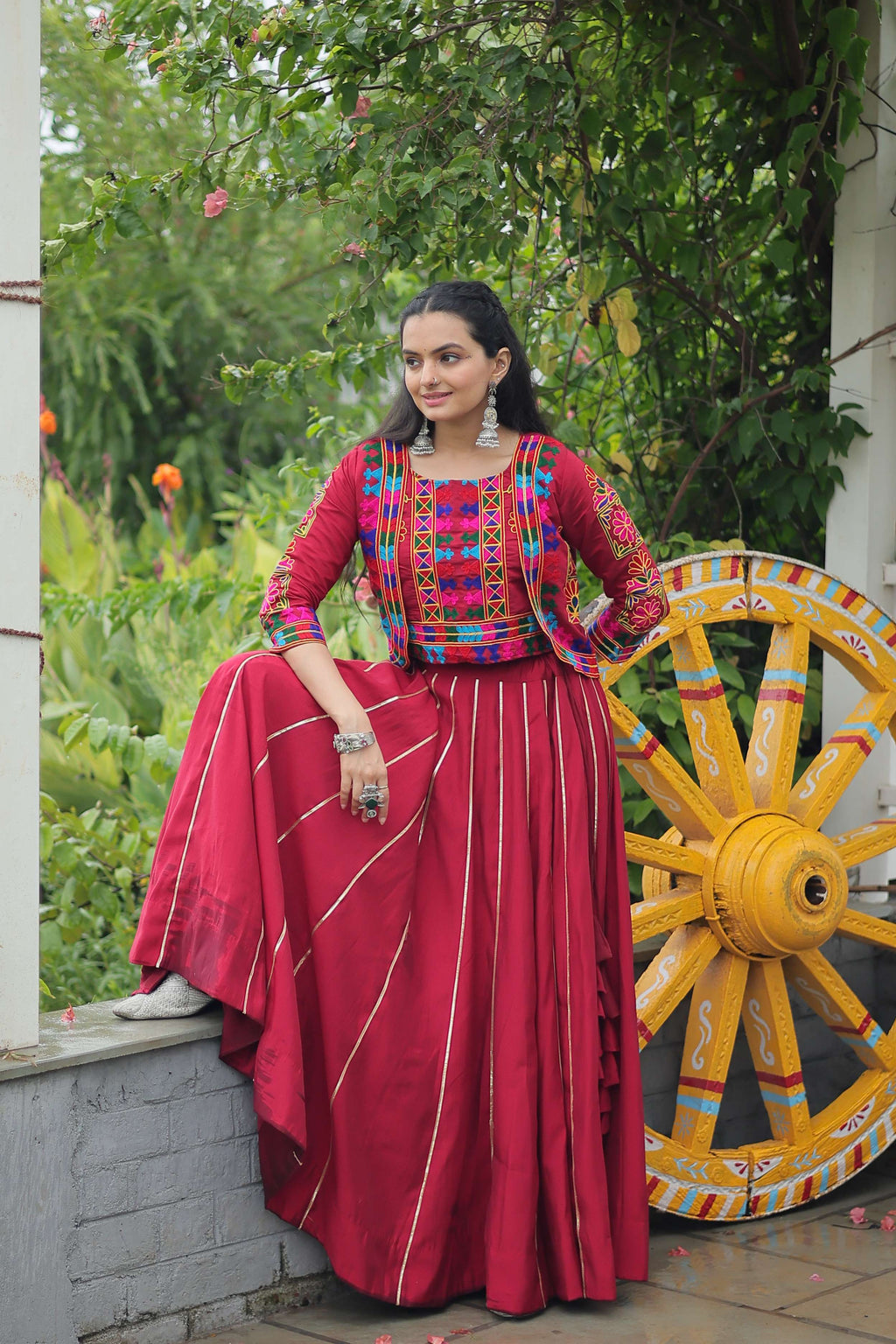 Vibrant Roman Fabric Navratri Lehenga Choli Set with Koti Blouse