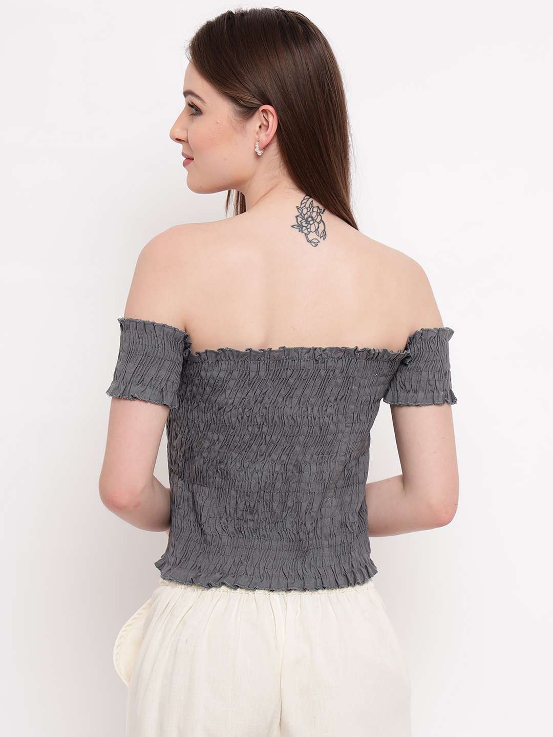 Women's Rayon Solid Off-Shoulder Smocked Crop Top Short Sleeve Casual Styles Tank Top (FREE SIZE) Multi22