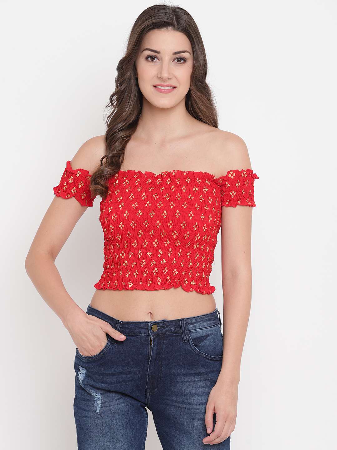 Women's Rayon Printed Off-Shoulder Smocked Crop Top Short Sleeve Casual Styles Tank Top (FREE SIZE) Multi9