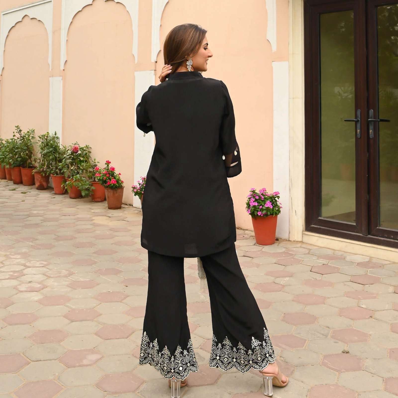 Women's Cotton Embroidered Co-Ord Set Elegant Summer Two-Piece Outfit ( Black)
