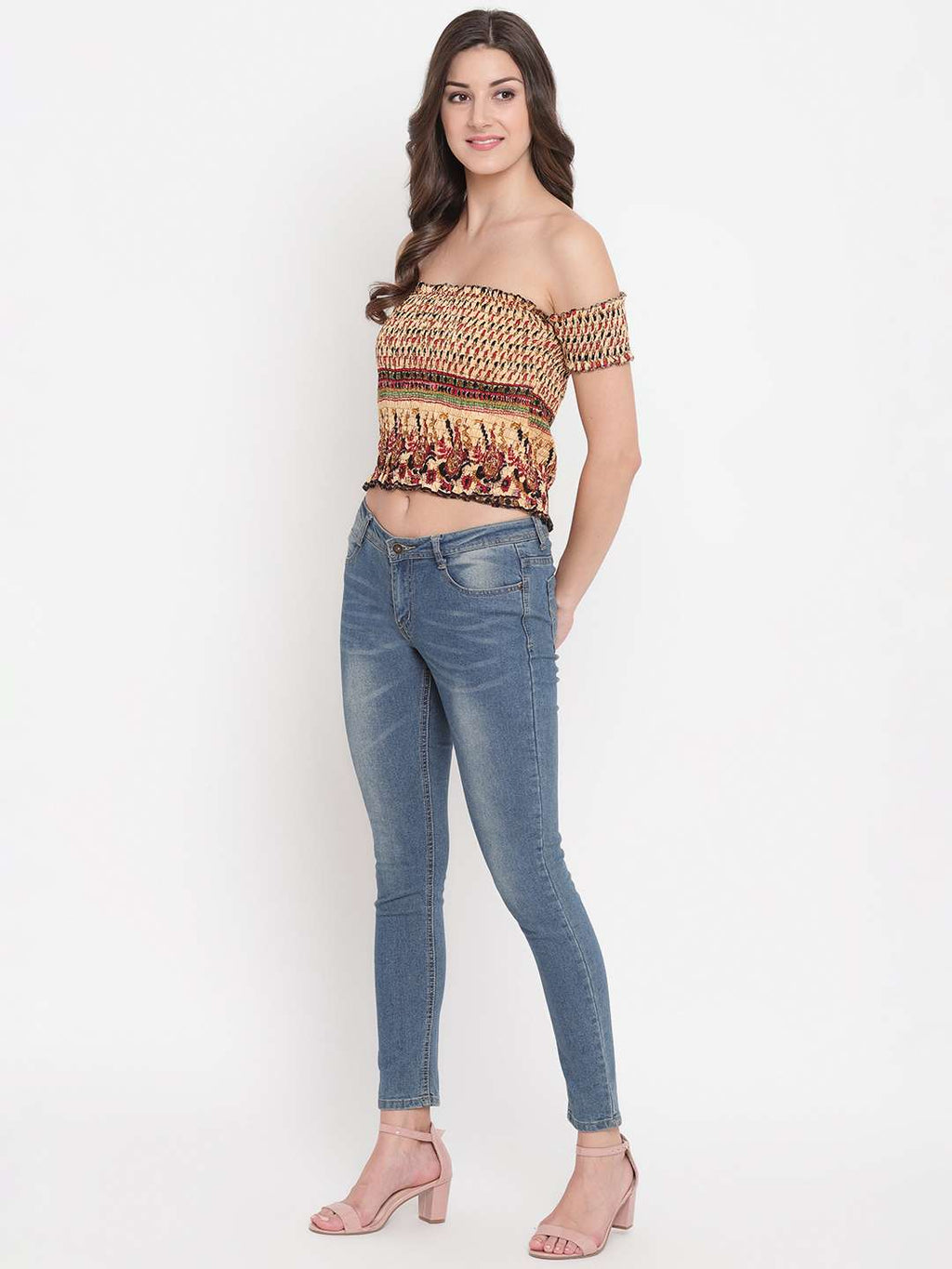 Women's Rayon Printed Off-Shoulder Smocked Crop Top Short Sleeve Casual Styles Tank Top (FREE SIZE) Multi4