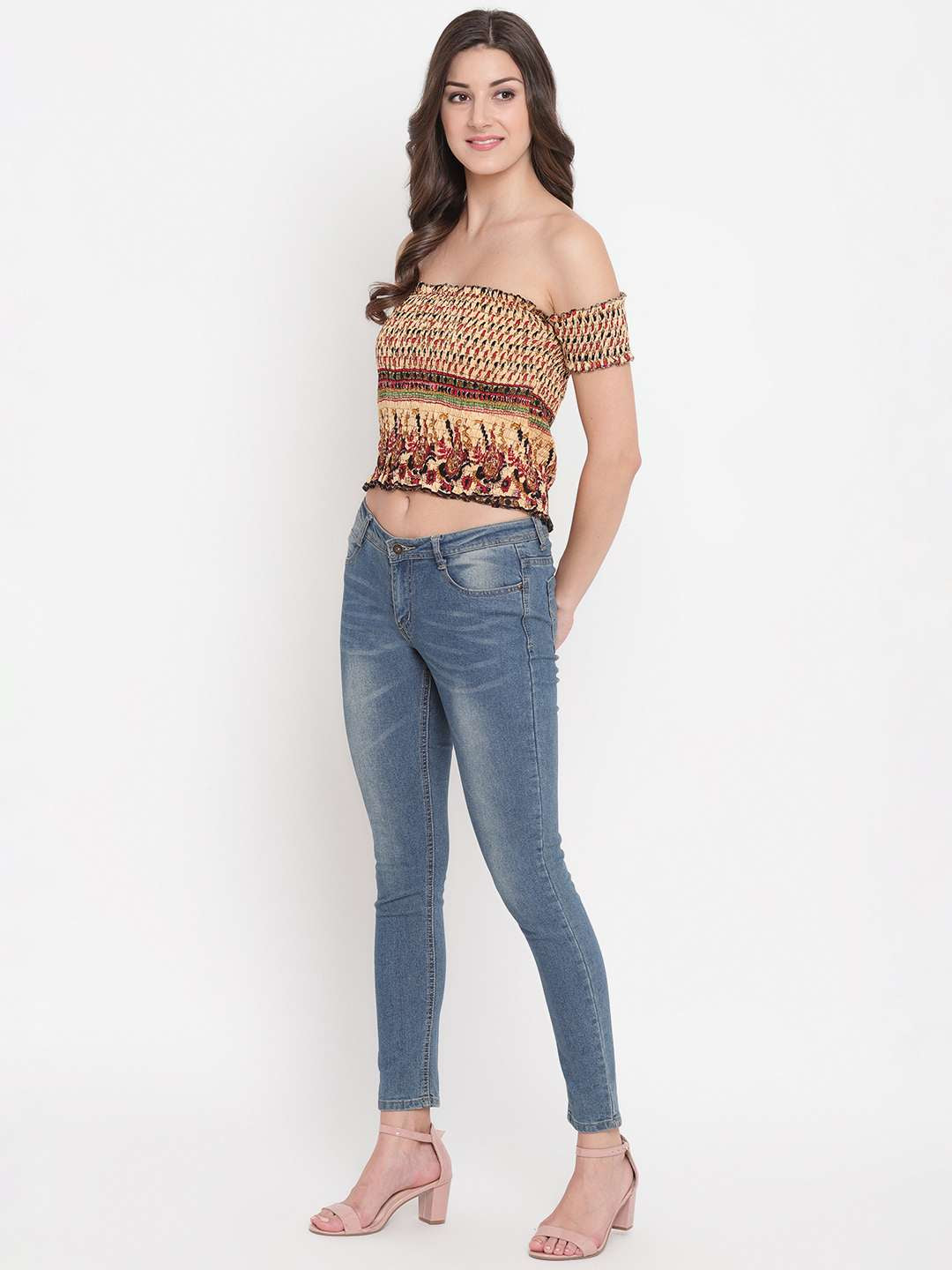 Women's Rayon Printed Off-Shoulder Smocked Crop Top Short Sleeve Casual Styles Tank Top (FREE SIZE) Multi4