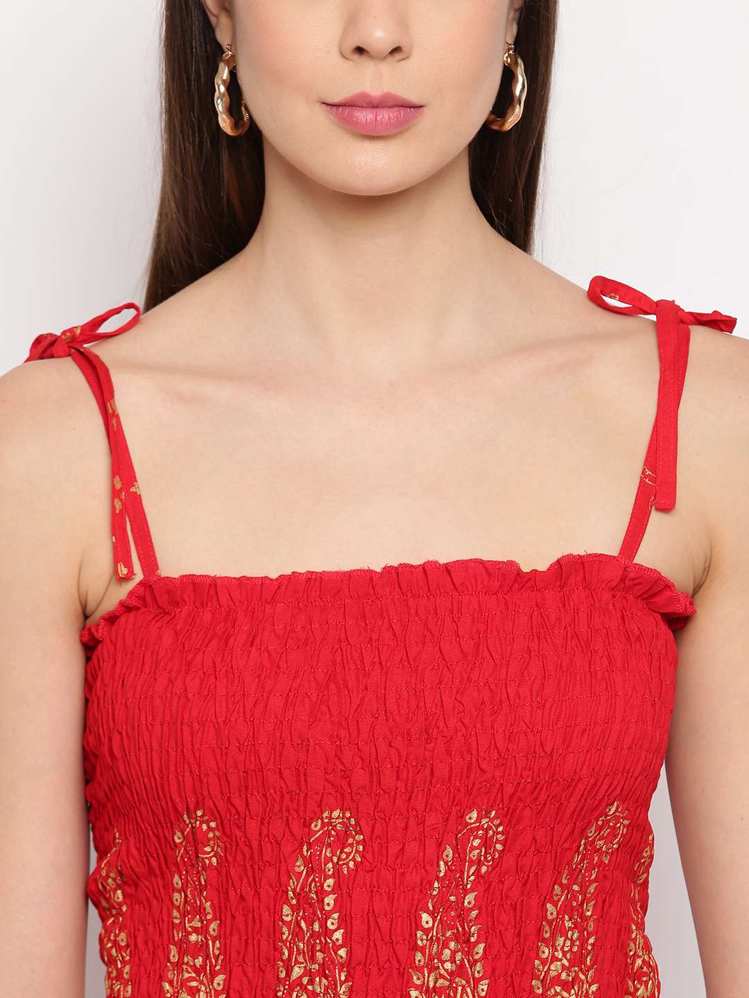 Women's Rayon Buta Printed Casual Summer Style Tie Shoulder Straps Free Size Tank Top ( Red Gold Pattern)