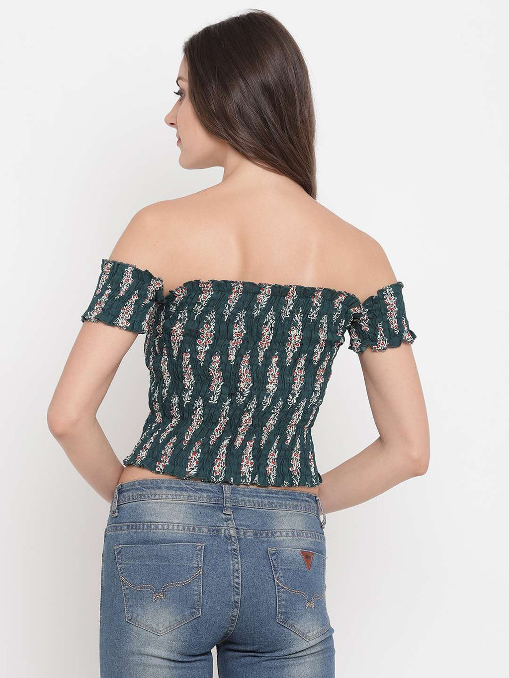 Women's Rayon Printed Off-Shoulder Smocked Crop Top Short Sleeve Casual Styles Tank Top (FREE SIZE) Multi37