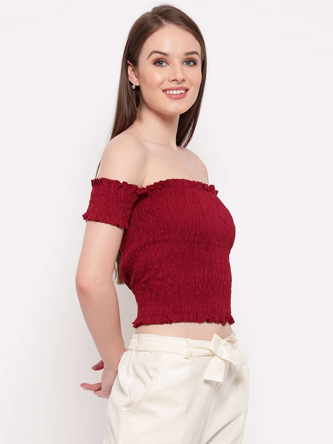 Women's Rayon Solid Off-Shoulder Smocked Crop Top Short Sleeve Casual Styles Tank Top (FREE SIZE) Multi23