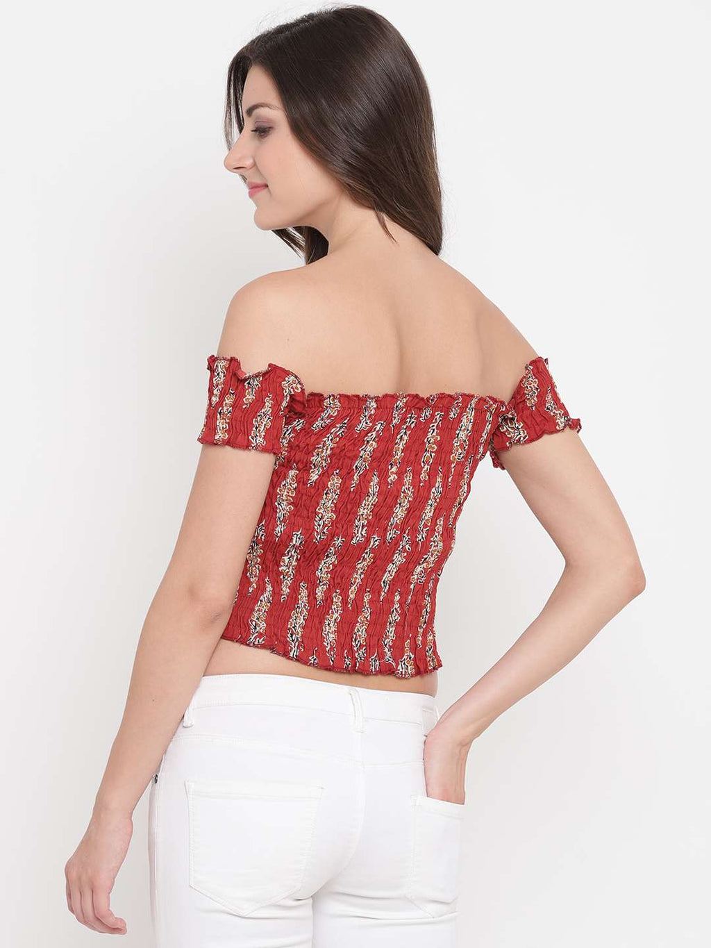 Women's Rayon Printed Off-Shoulder Smocked Crop Top Short Sleeve Casual Styles Tank Top (FREE SIZE) Multi43