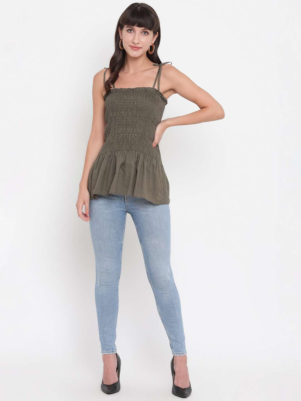 Women's Rayon Solid Casual Summer Style Tie Shoulder Straps Free Size Tank Top (Mahndi)