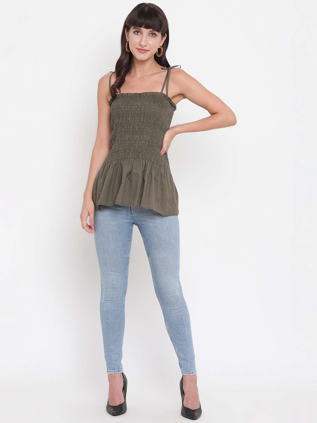 Women's Rayon Solid Casual Summer Style Tie Shoulder Straps Free Size Tank Top (Mahndi)