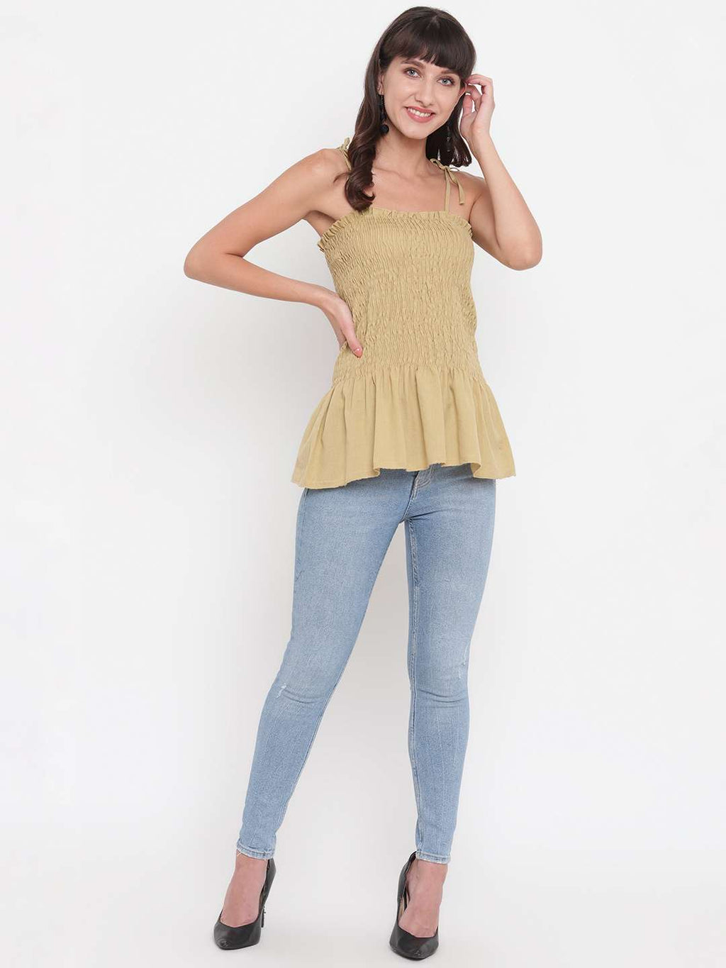 Women's Rayon Solid Casual Summer Style Tie Shoulder Straps Free Size Tank Top (Beige)