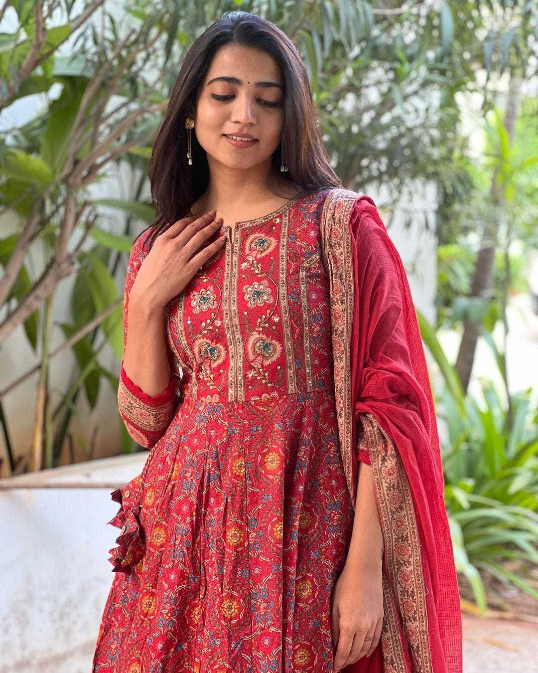 Women's Cotton Anarkali Embroidery Designer Long Anarkali Kurti With Pant and Dupatta Set (Red)