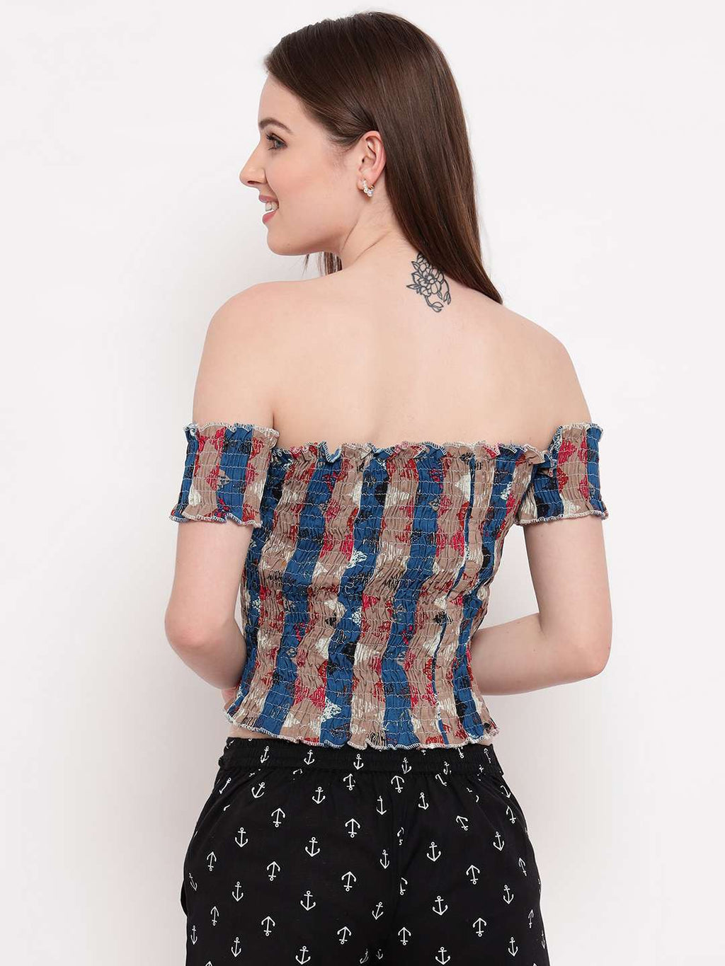 Women's Rayon Printed Off-Shoulder Smocked Crop Top Short Sleeve Casual Styles Tank Top (FREE SIZE) Multi38