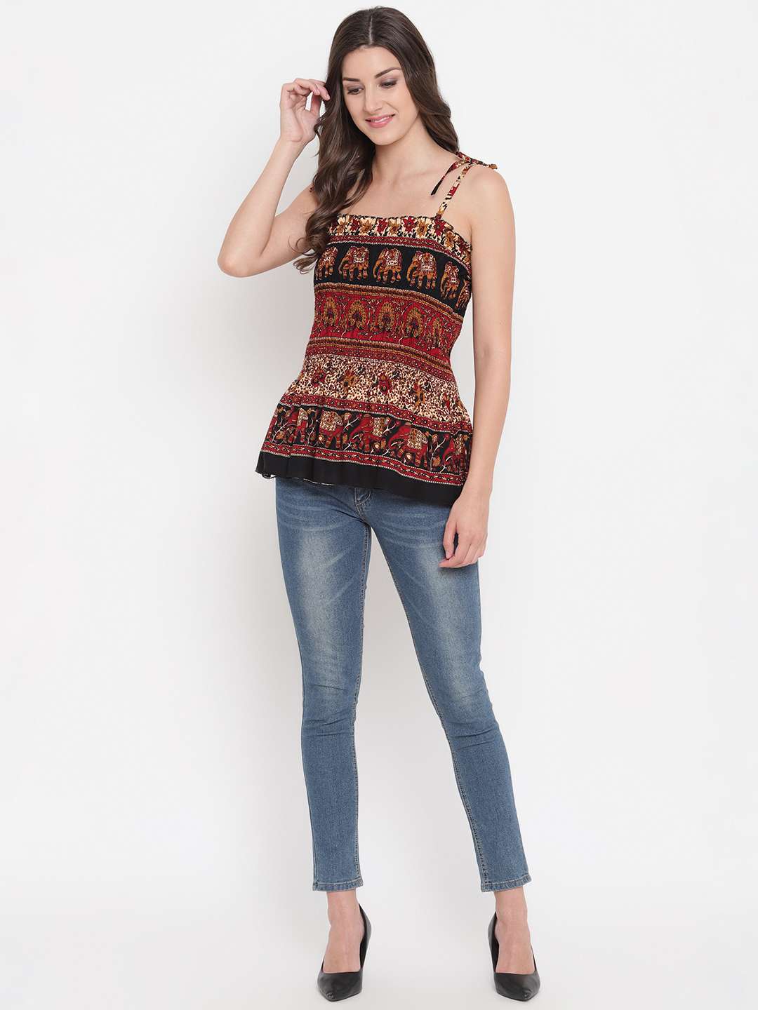 Women's Rayon Printed Casual Summer Style Tie Shoulder Straps Free Size Tank Top ( Multi9)