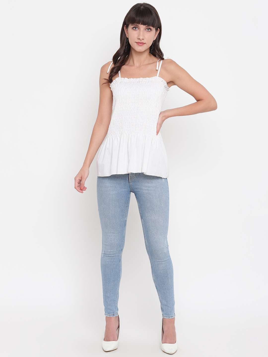 Women's Rayon Solid Casual Summer Style Tie Shoulder Straps Free Size Tank Top (White)