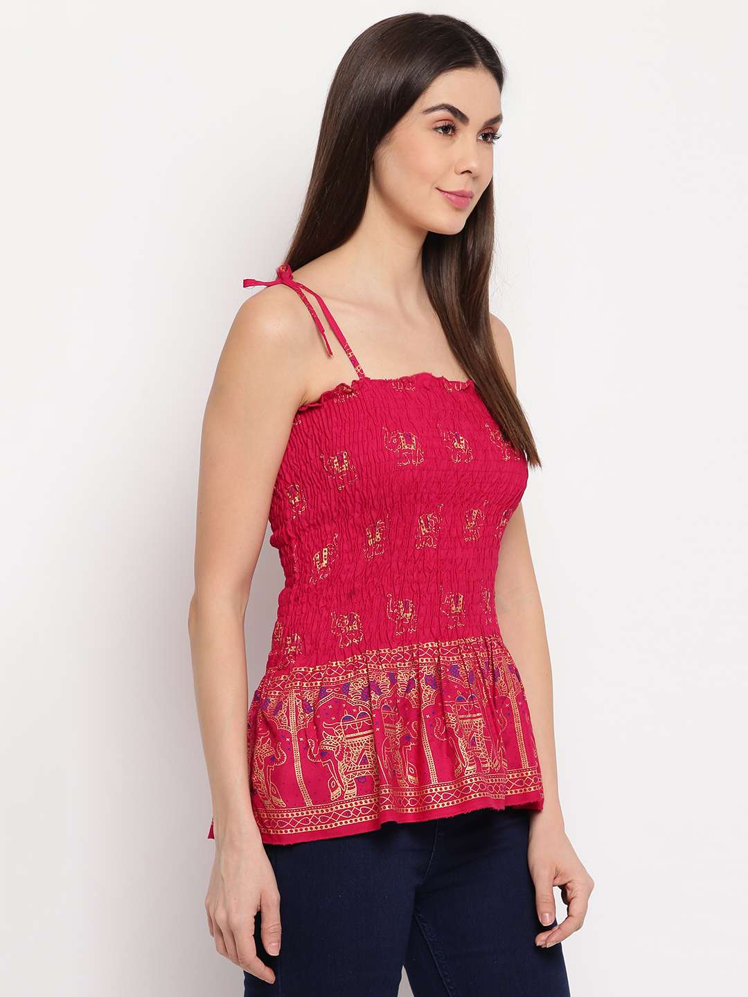 Women's Rayon Elephant Print Casual Summer Style Tie Shoulder Straps Free Size Tank Top ( Maroon Gold Pattern)