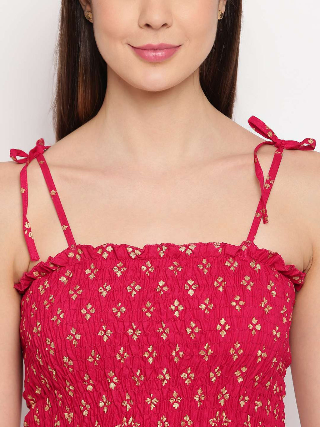 Women's Rayon Floral Printed Casual Summer Style Tie Shoulder Straps Free Size Tank Top ( Maroon Gold Pattern)