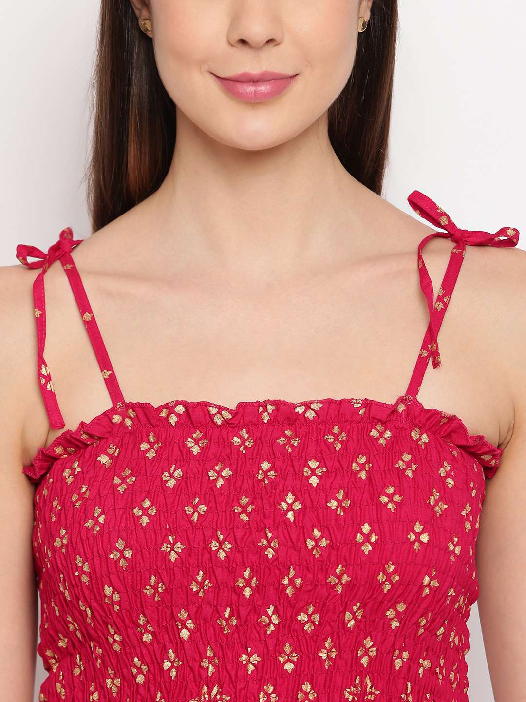 Women's Rayon Floral Printed Casual Summer Style Tie Shoulder Straps Free Size Tank Top ( Maroon Gold Pattern)