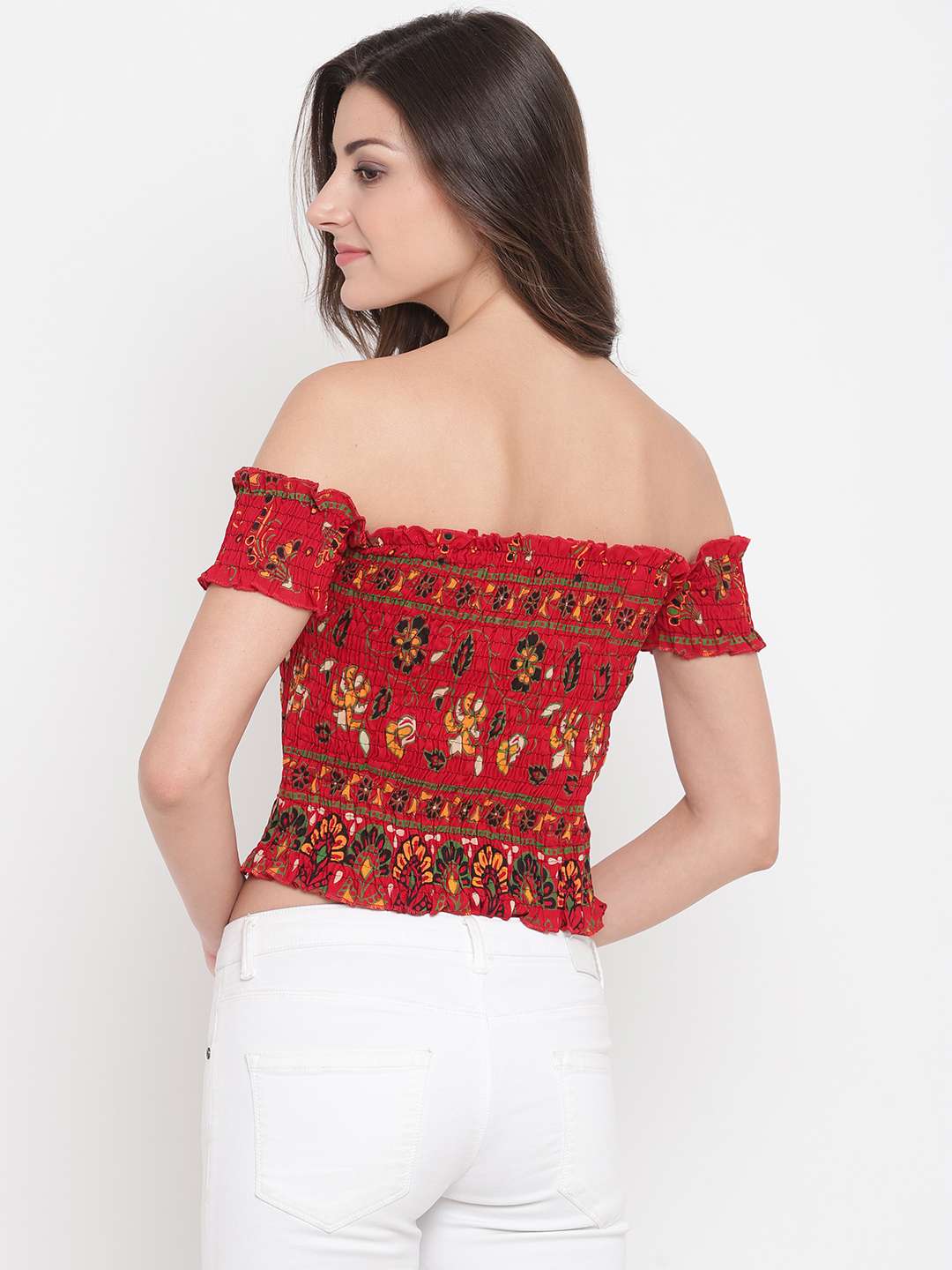 Women's Rayon Printed Off-Shoulder Smocked Crop Top Short Sleeve Casual Styles Tank Top (FREE SIZE) Multi6