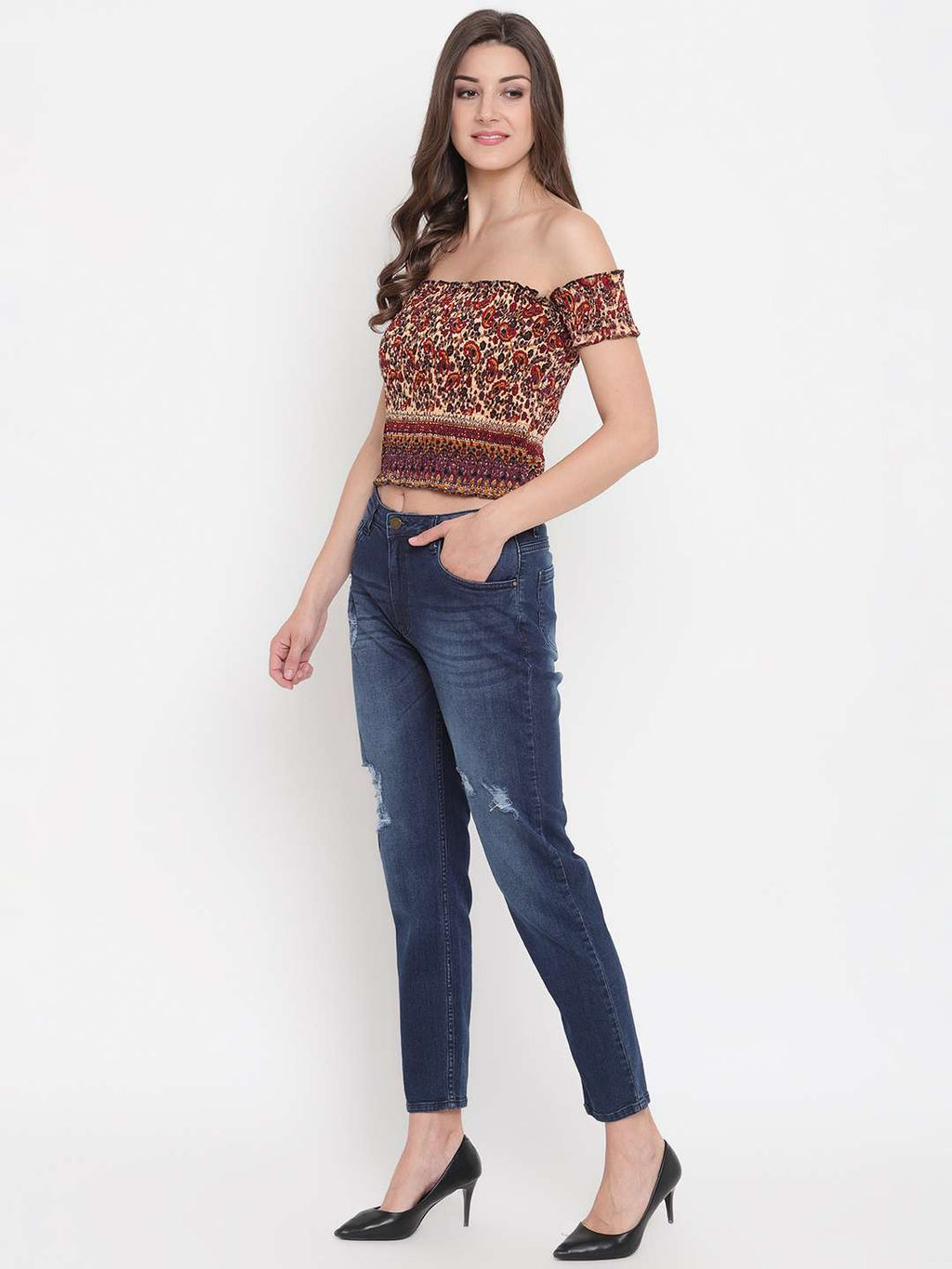 Women's Rayon Printed Off-Shoulder Smocked Crop Top Short Sleeve Casual Styles Tank Top (FREE SIZE) Multi3