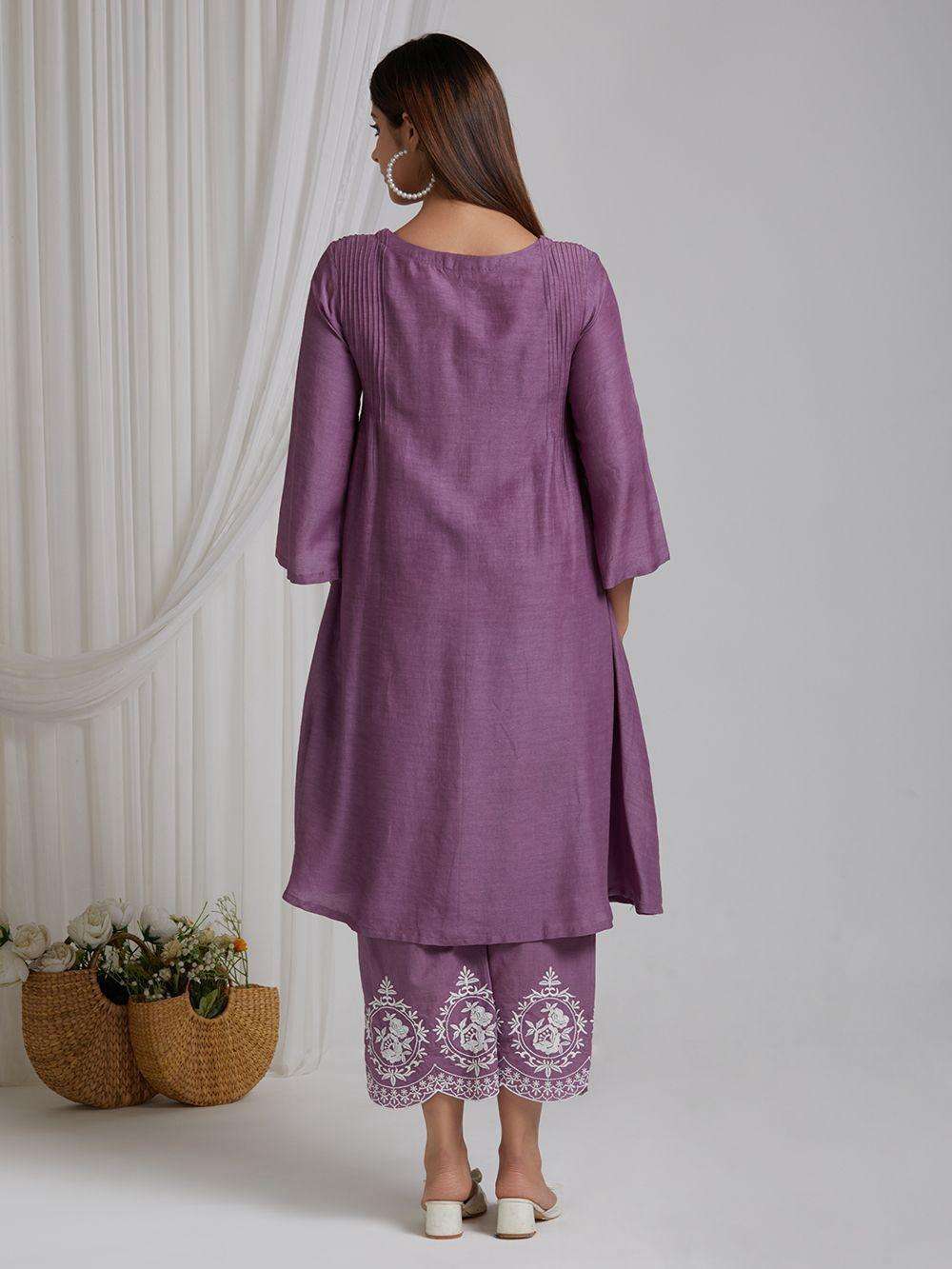 Women's Cotton Embroidered Straight Kurta & Pant With Dupatta Set (Purple)
