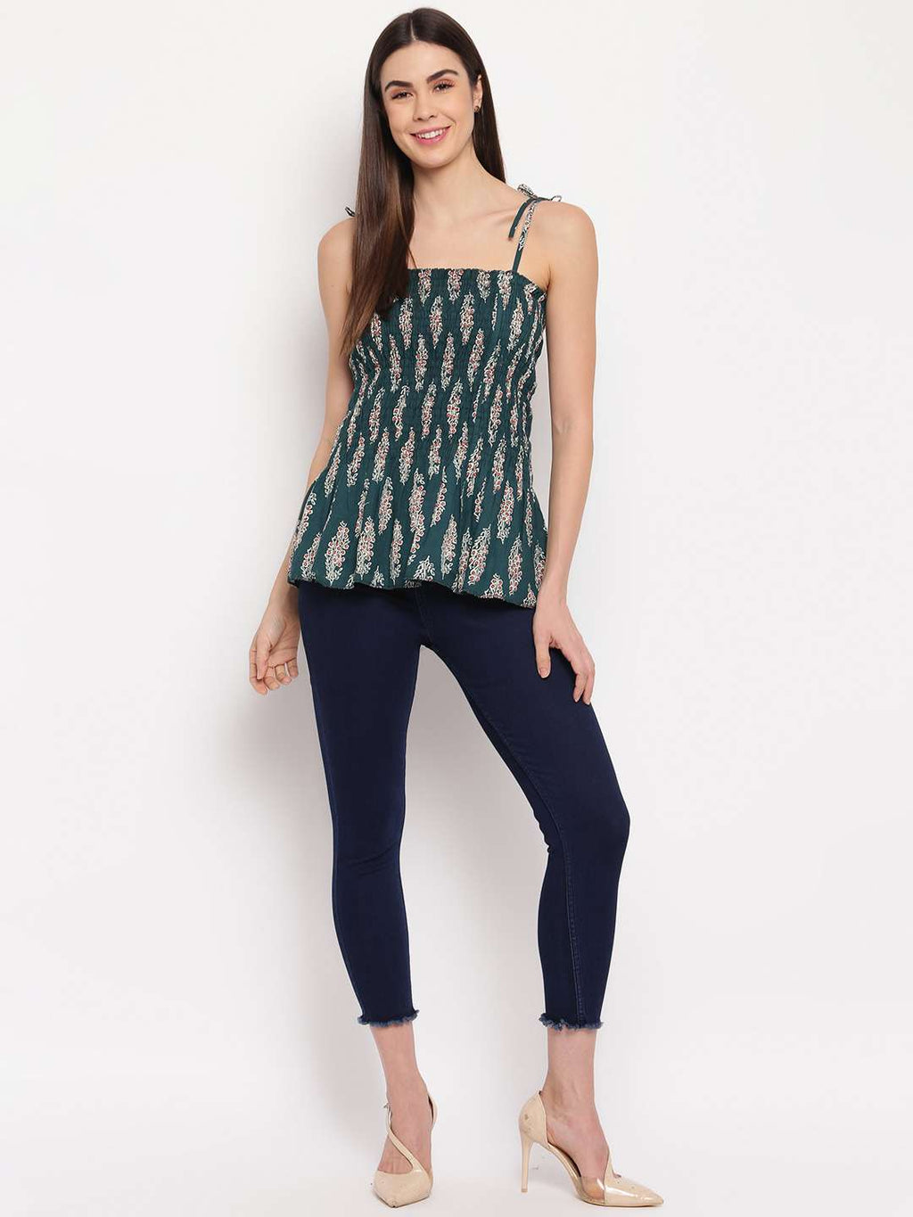 Women's Rayon Printed Casual Summer Style Tie Shoulder Straps Free Size Tank Top ( Multi18)