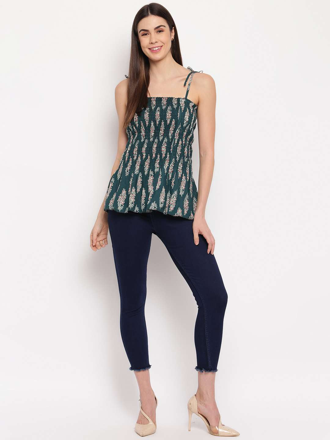 Women's Rayon Printed Casual Summer Style Tie Shoulder Straps Free Size Tank Top ( Multi18)