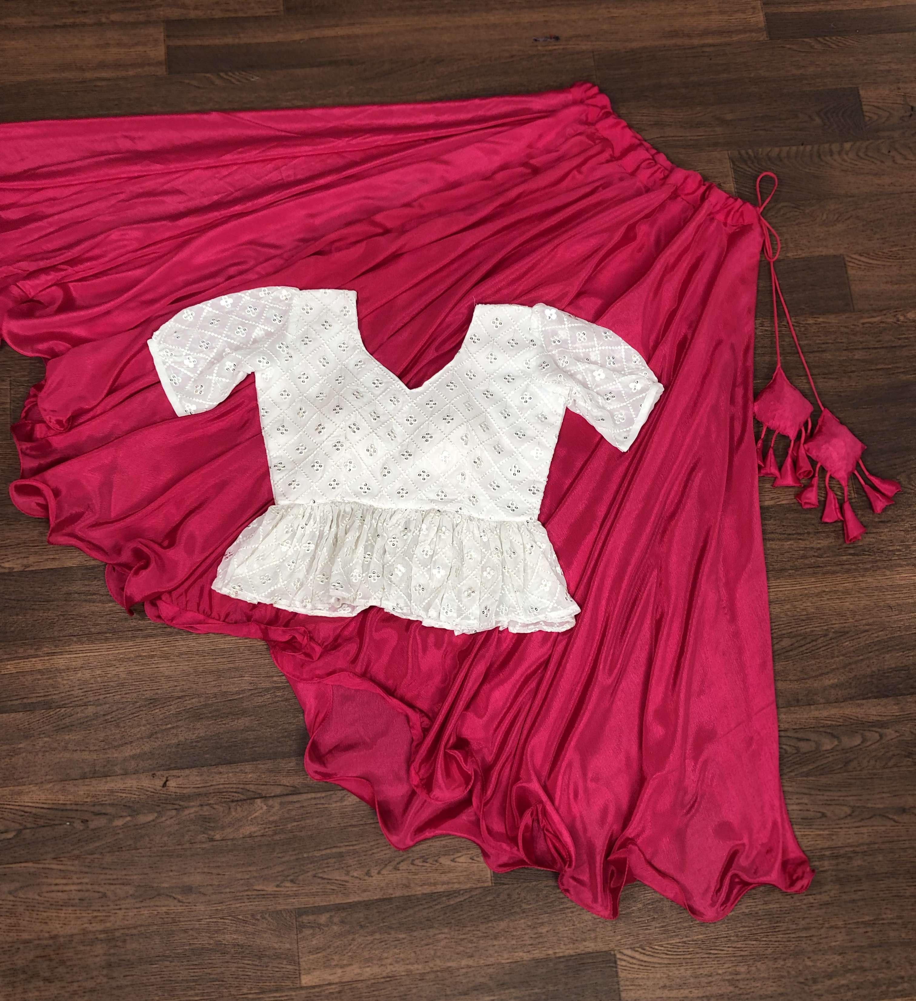 Premium Chinnon Umbrella Flair Lehenga with Chikankari Embroidered Peplum Blouse