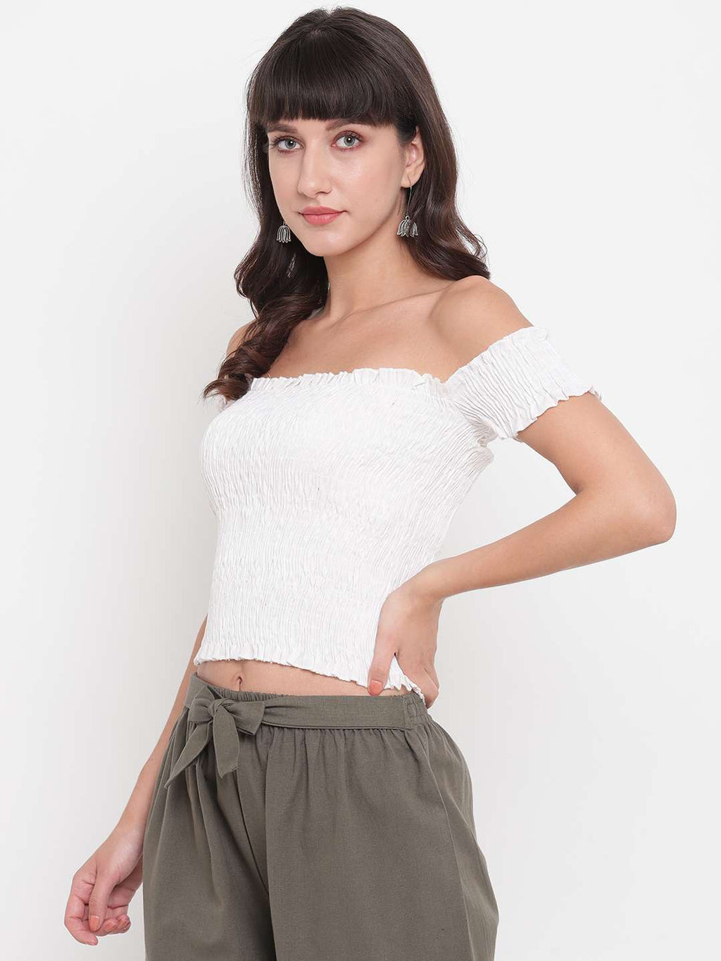 Women's Rayon Solid Off-Shoulder Smocked Crop Top Short Sleeve Casual Styles Tank Top (FREE SIZE) Multi30