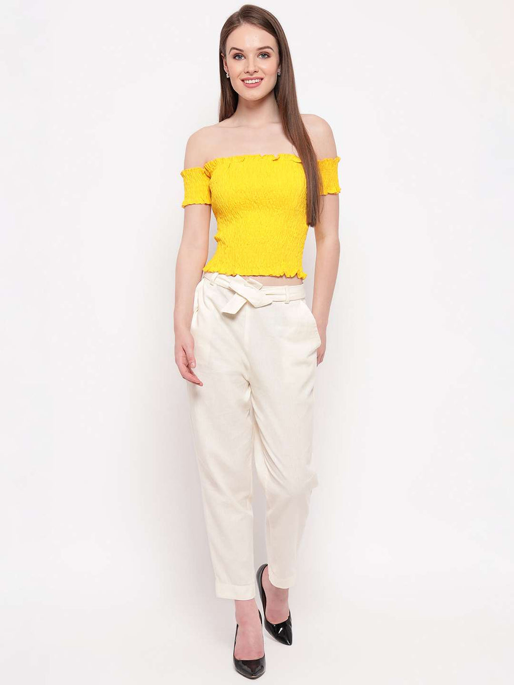 Women's Rayon Solid Off-Shoulder Smocked Crop Top Short Sleeve Casual Styles Tank Top (FREE SIZE) Multi31