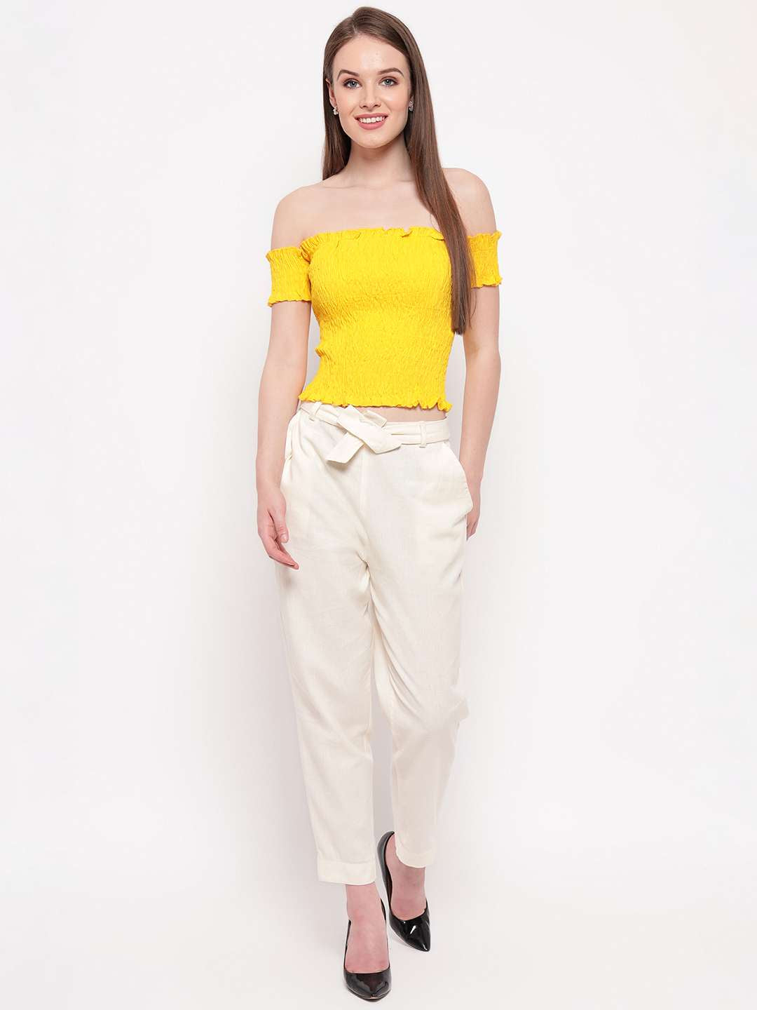 Women's Rayon Solid Off-Shoulder Smocked Crop Top Short Sleeve Casual Styles Tank Top (FREE SIZE) Multi31