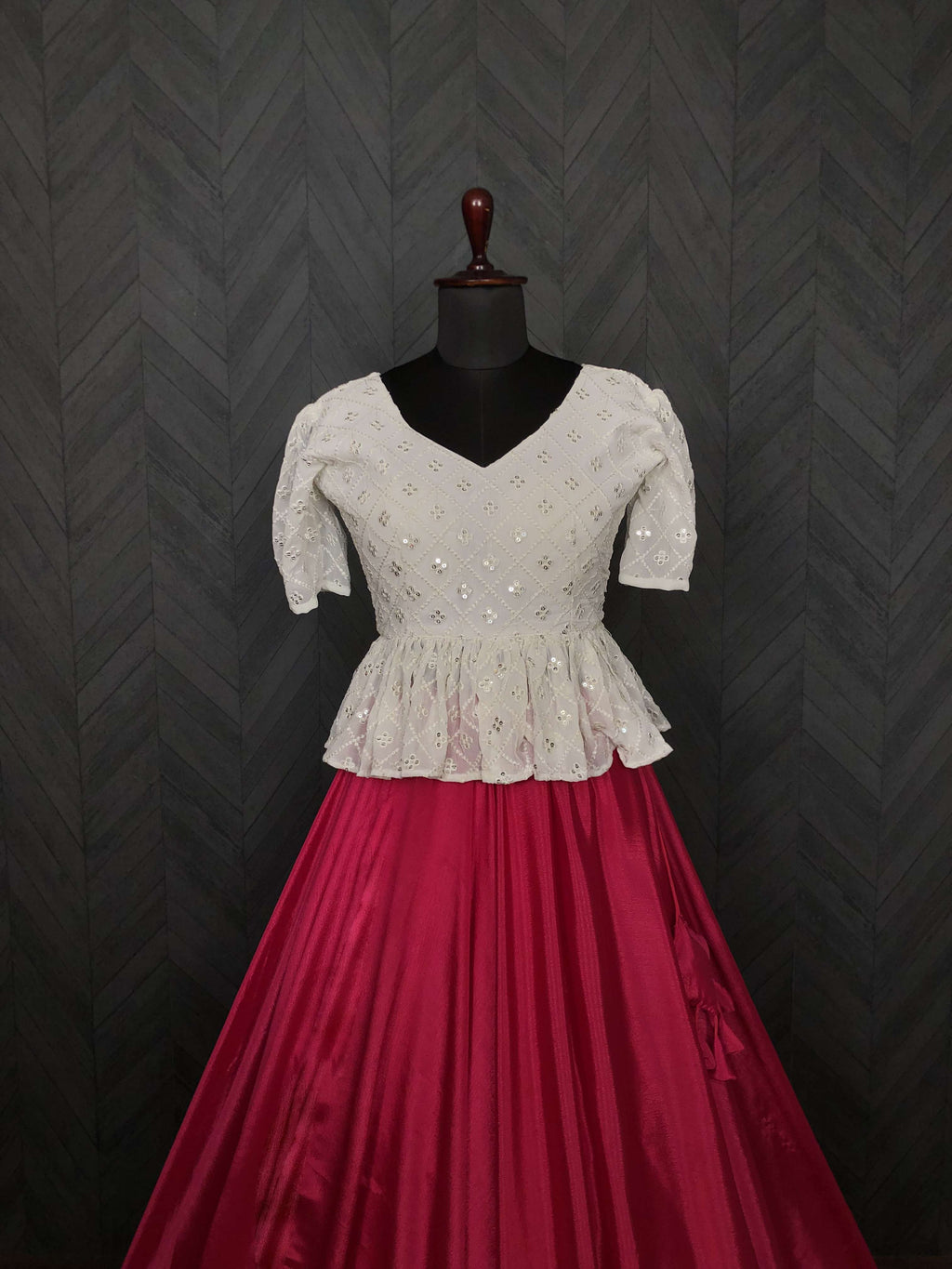 Premium Chinnon Umbrella Flair Lehenga with Chikankari Embroidered Peplum Blouse