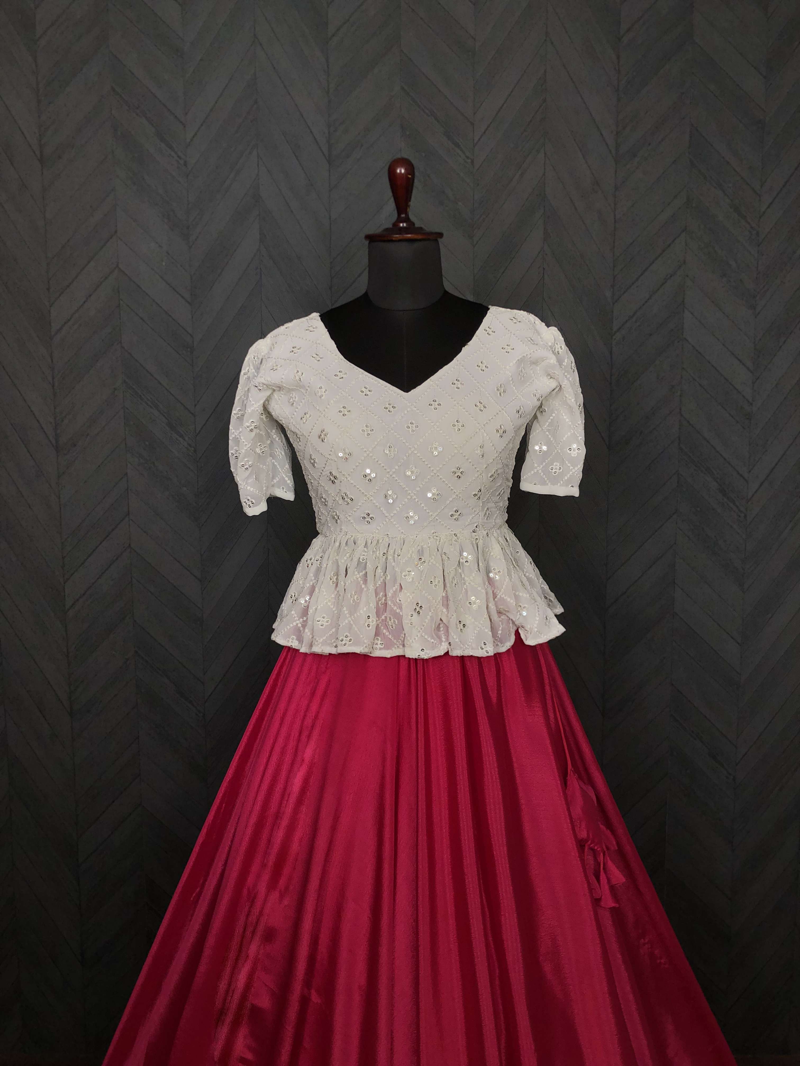 Premium Chinnon Umbrella Flair Lehenga with Chikankari Embroidered Peplum Blouse