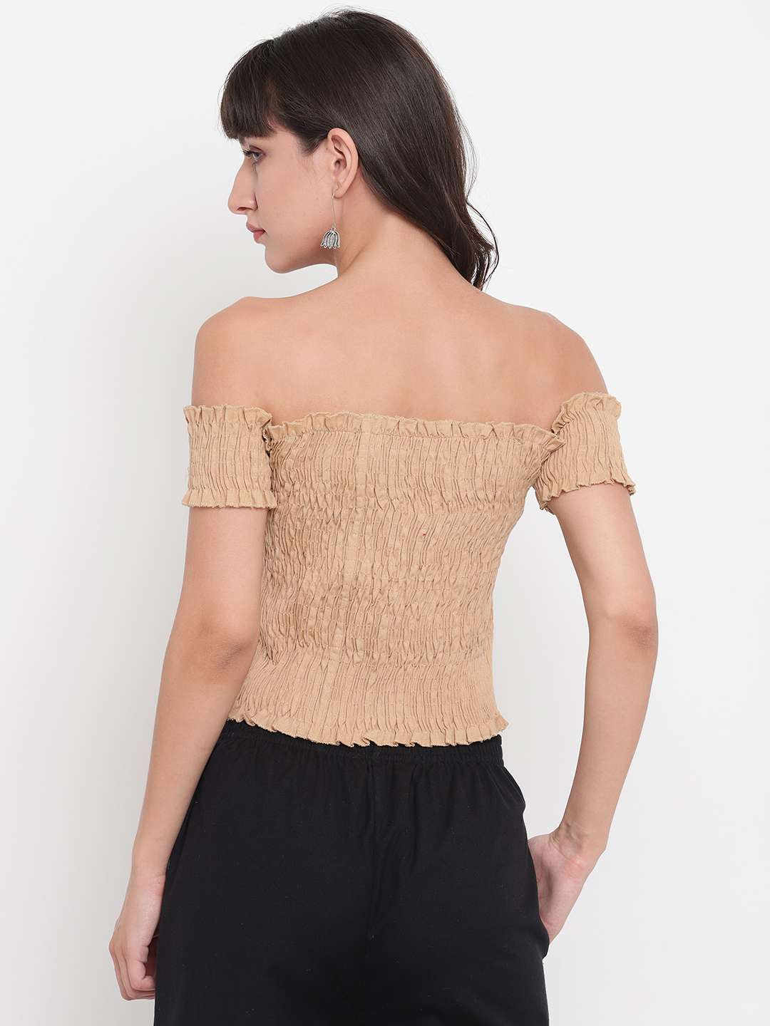 Women's Rayon Solid Off-Shoulder Smocked Crop Top Short Sleeve Casual Styles Tank Top (FREE SIZE) Multi17