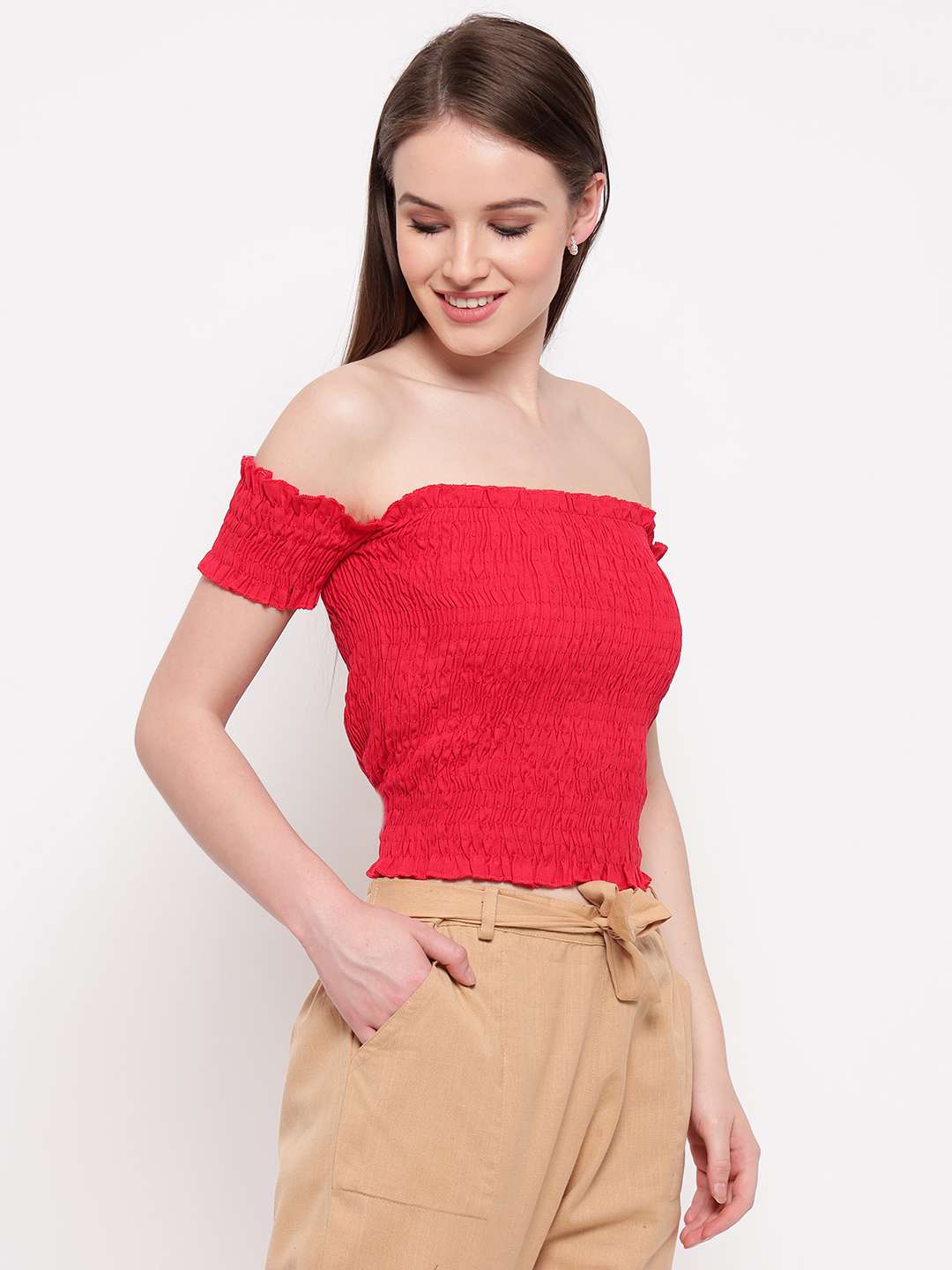 Women's Rayon Solid Off-Shoulder Smocked Crop Top Short Sleeve Casual Styles Tank Top (FREE SIZE) Multi28