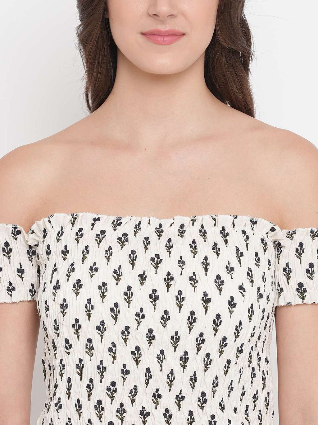 Women's Rayon Printed Off-Shoulder Smocked Crop Top Short Sleeve Casual Styles Tank Top (FREE SIZE) Multi36