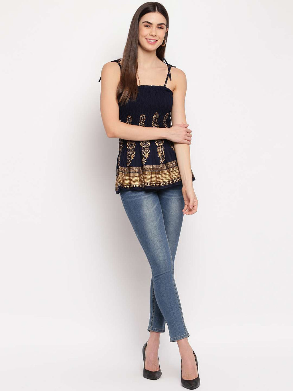 Women's Rayon Buta Printed Casual Summer Style Tie Shoulder Straps Free Size Tank Top ( Navy Blue Gold Pattern)