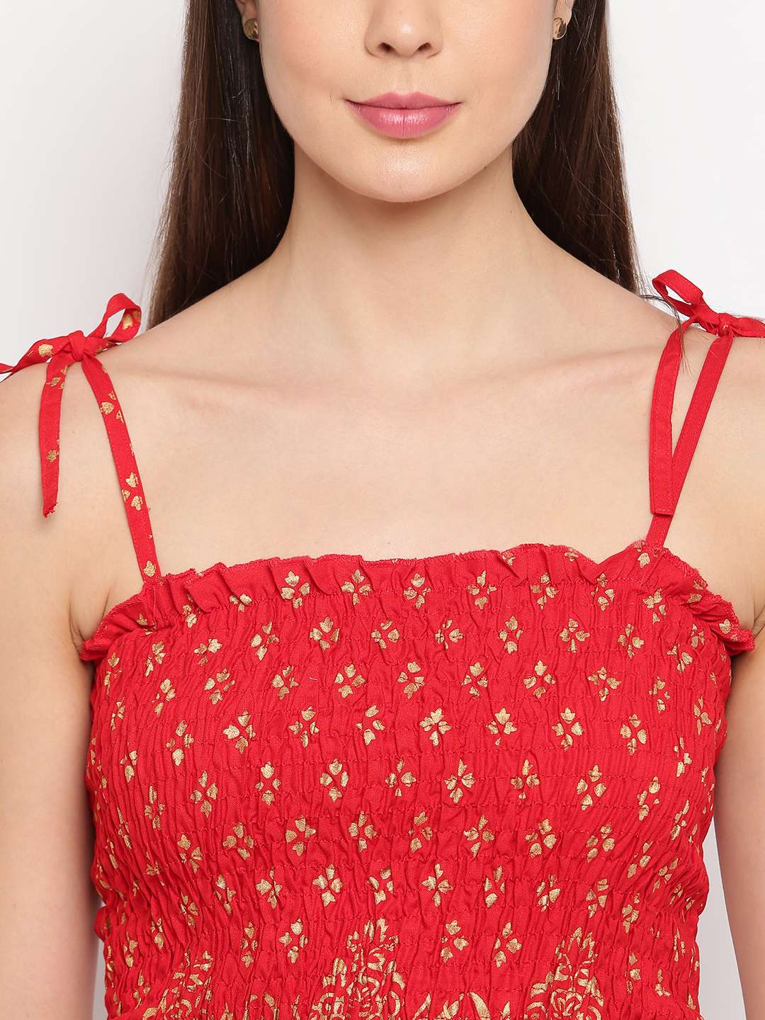 Women's Rayon Floral Printed Casual Summer Style Tie Shoulder Straps Free Size Tank Top ( Red Gold Pattern)