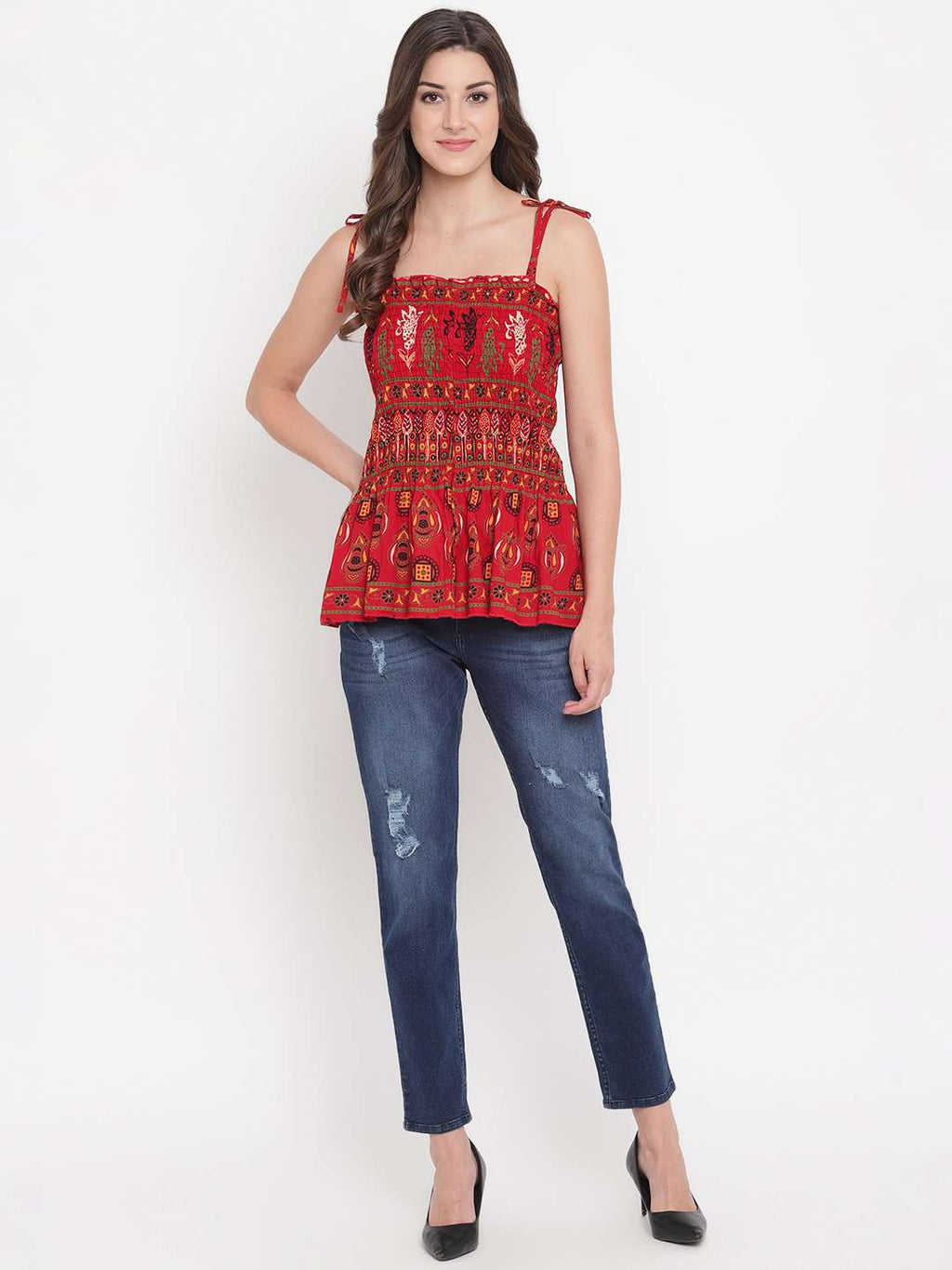 Women's Rayon Printed Casual Summer Style Tie Shoulder Straps Free Size Tank Top ( Multi7)