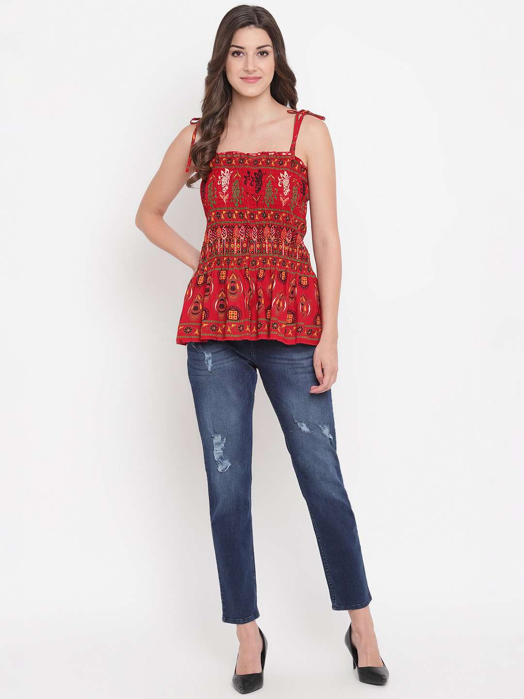 Women's Rayon Printed Casual Summer Style Tie Shoulder Straps Free Size Tank Top ( Multi7)