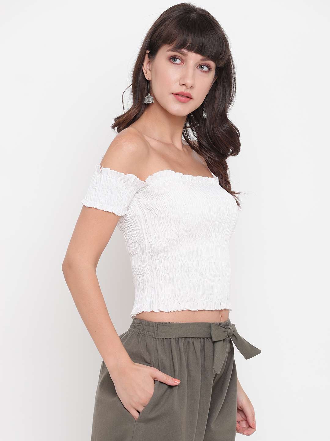 Women's Rayon Solid Off-Shoulder Smocked Crop Top Short Sleeve Casual Styles Tank Top (FREE SIZE) Multi30