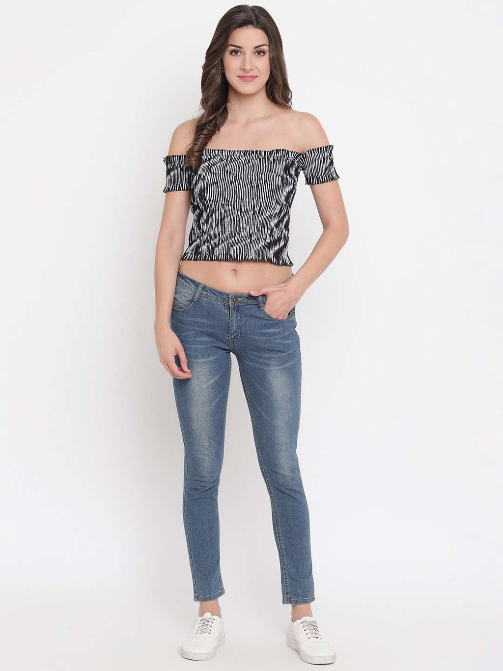 Women's Rayon Printed Off-Shoulder Smocked Crop Top Short Sleeve Casual Styles Tank Top (FREE SIZE) Multi34