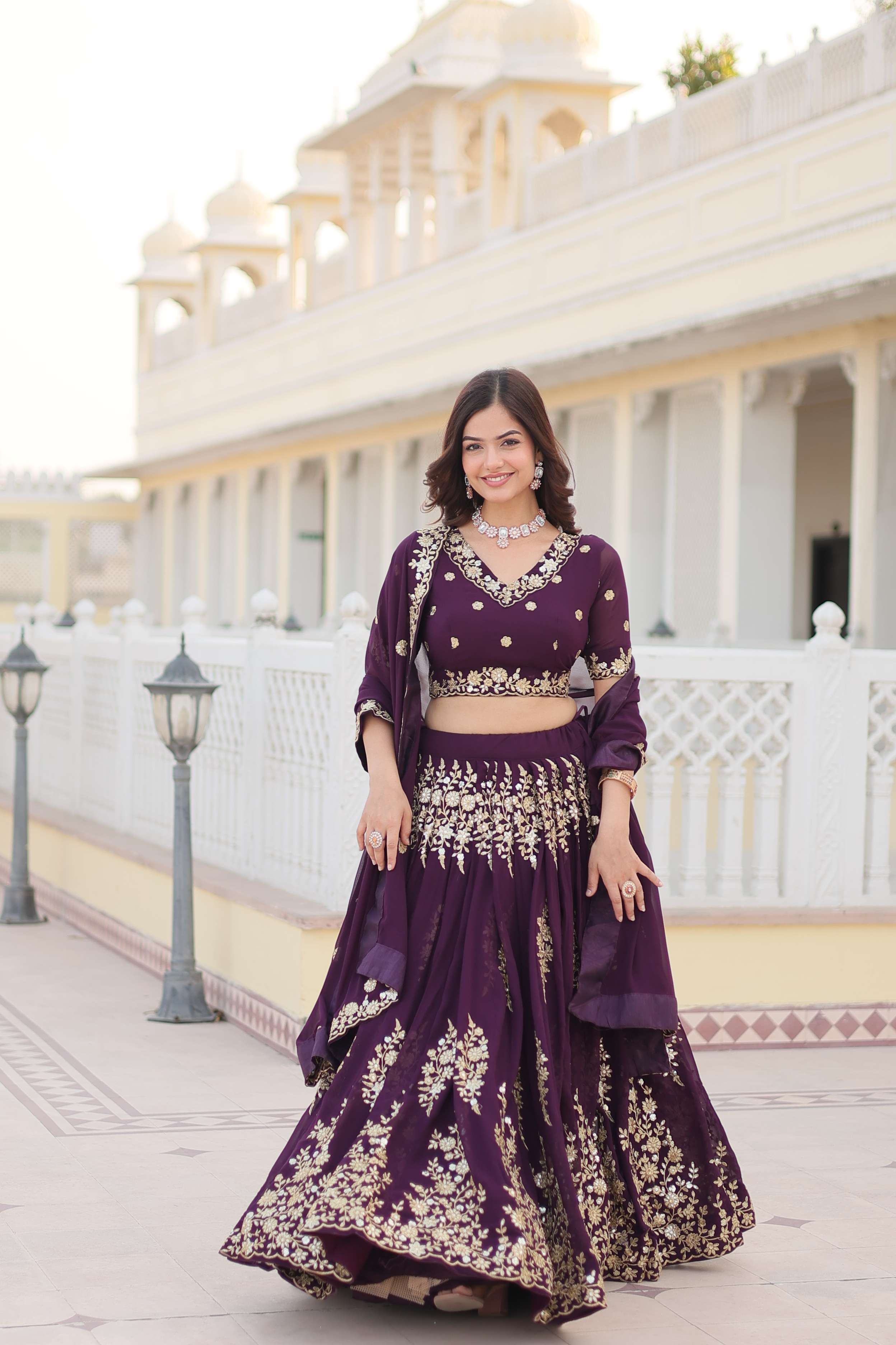 Wine Georgette Lehenga Choli with Sequins Embroidered Dupatta