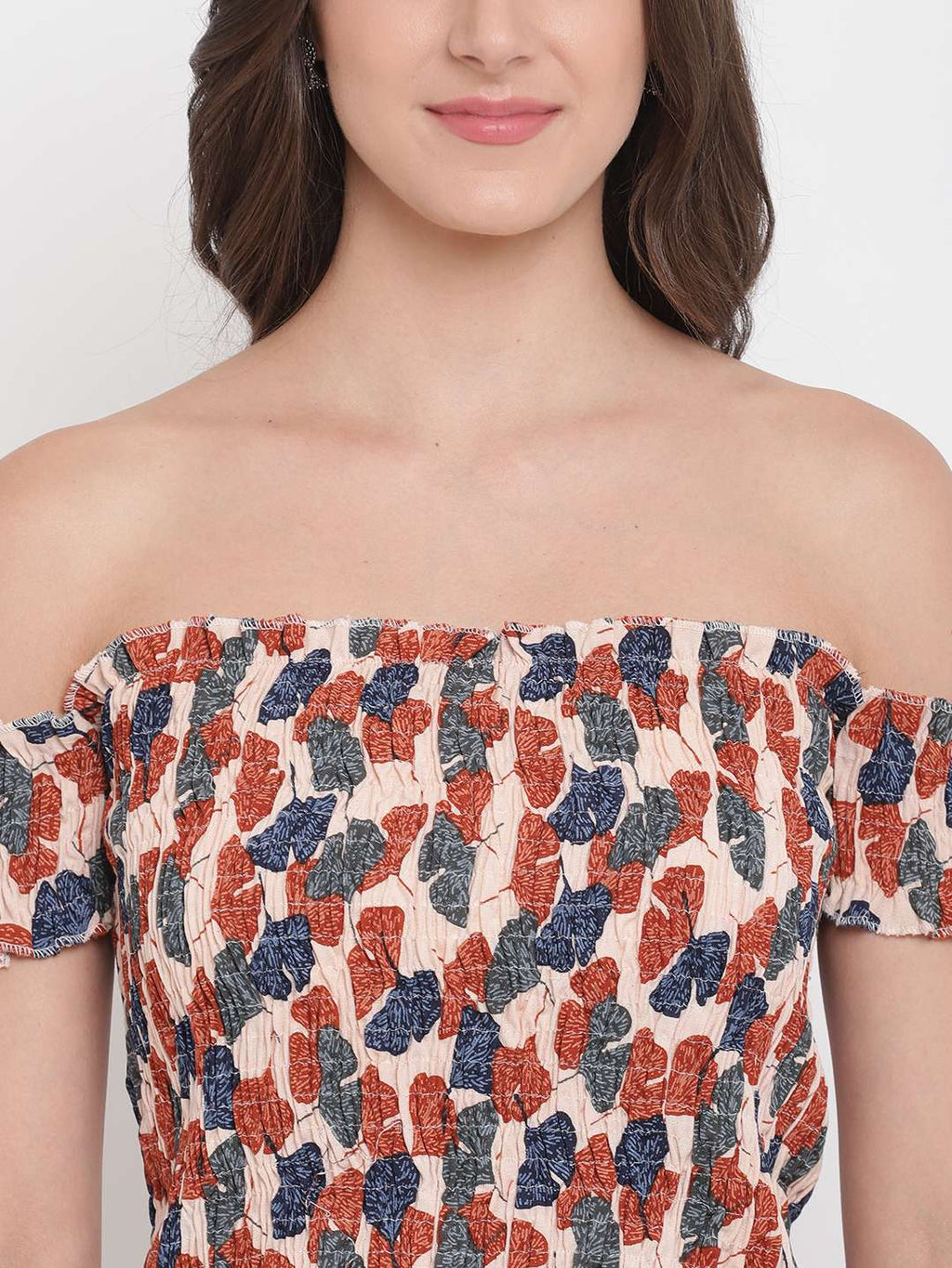 Women's Rayon Printed Off-Shoulder Smocked Crop Top Short Sleeve Casual Styles Tank Top (FREE SIZE) Multi45