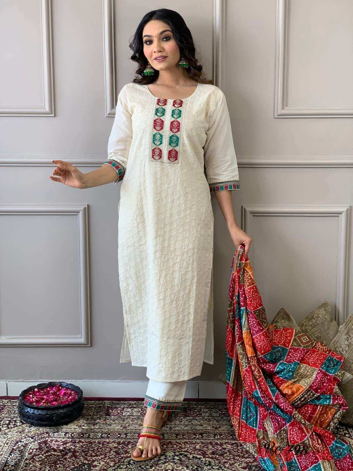 Women's Cotton Chikankari Print Straight Kurti with Pant andMulmul Dupatta Set
