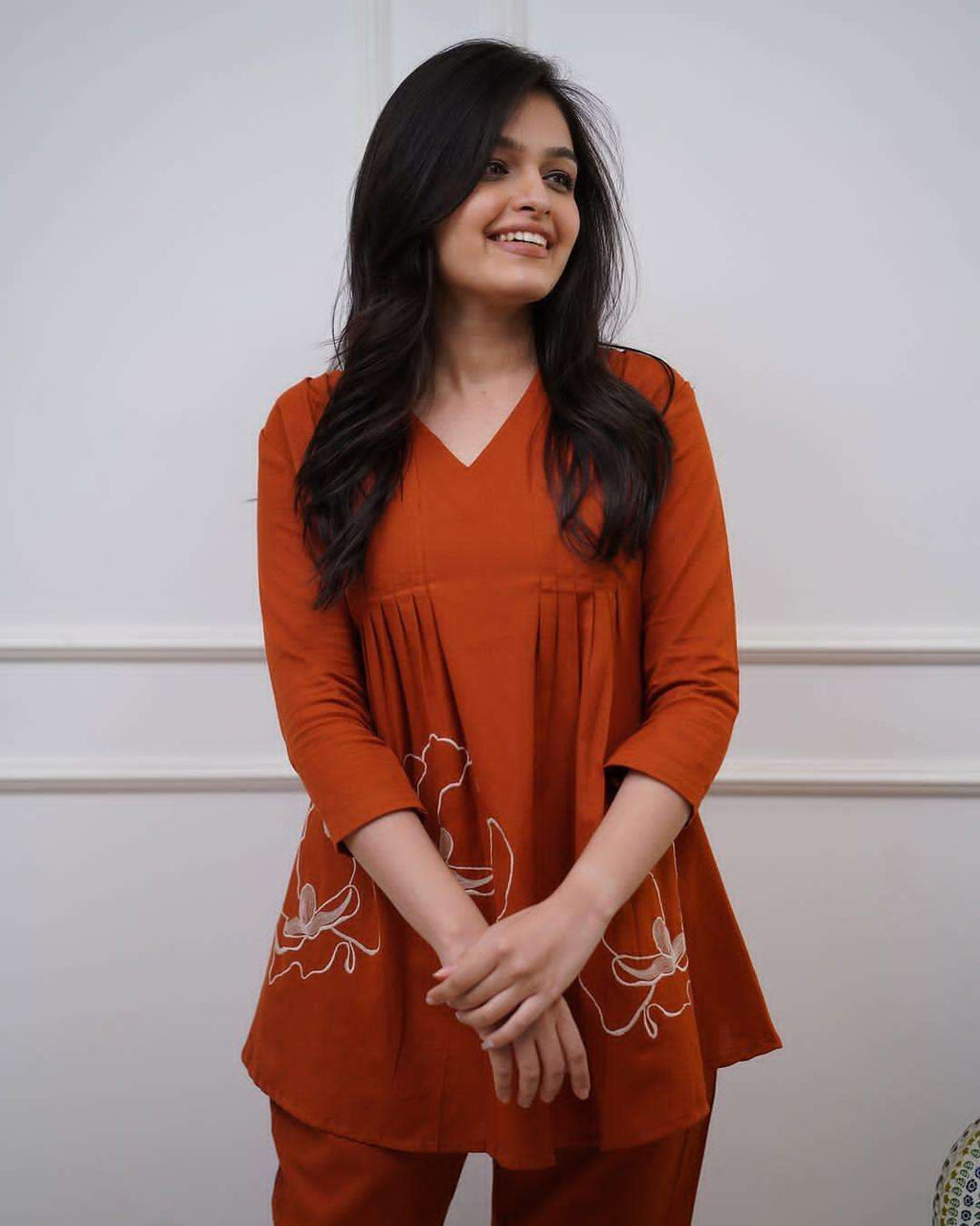 Women's Cotton Rose Printed Short Anarkali Kurta with Pant Western wear Cord Set