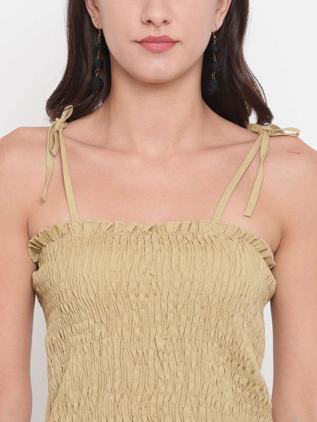 Women's Rayon Solid Casual Summer Style Tie Shoulder Straps Free Size Tank Top (Beige)