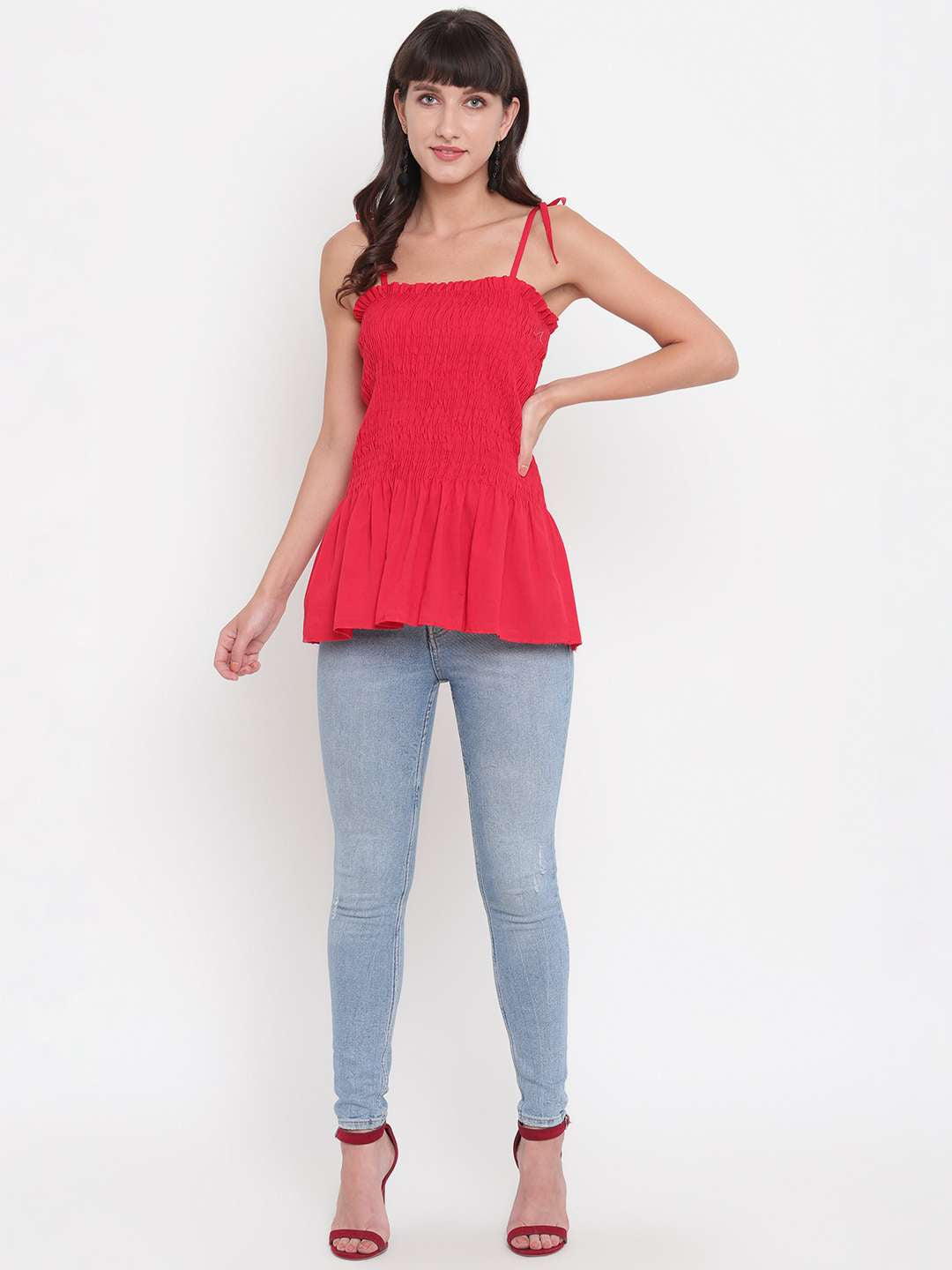 Women's Rayon Solid Casual Summer Style Tie Shoulder Straps Free Size Tank Top (Pink)