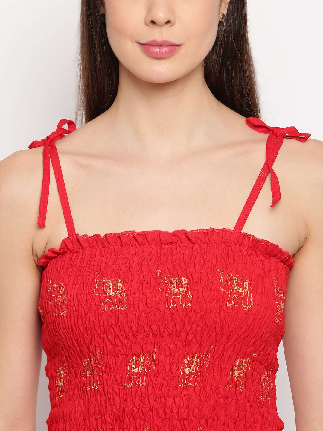 Women's Rayon Elephant Print Casual Summer Style Tie Shoulder Straps Free Size Tank Top ( Red Gold Pattern)